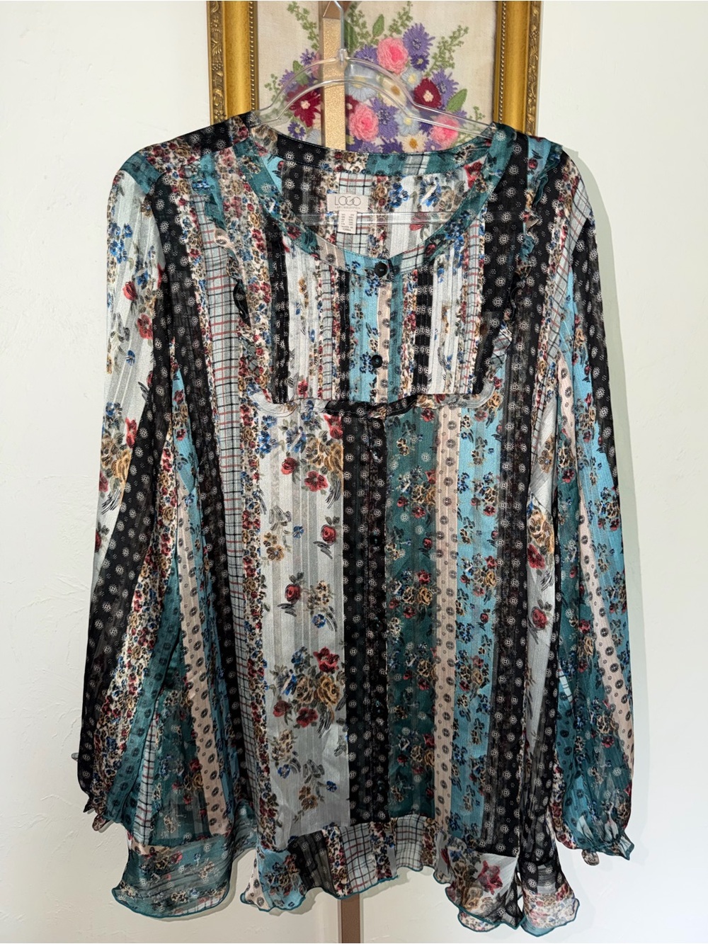 LOGO by Lori Goldstein Teal Black Cream Floral Stripe Tunic size 2XL
